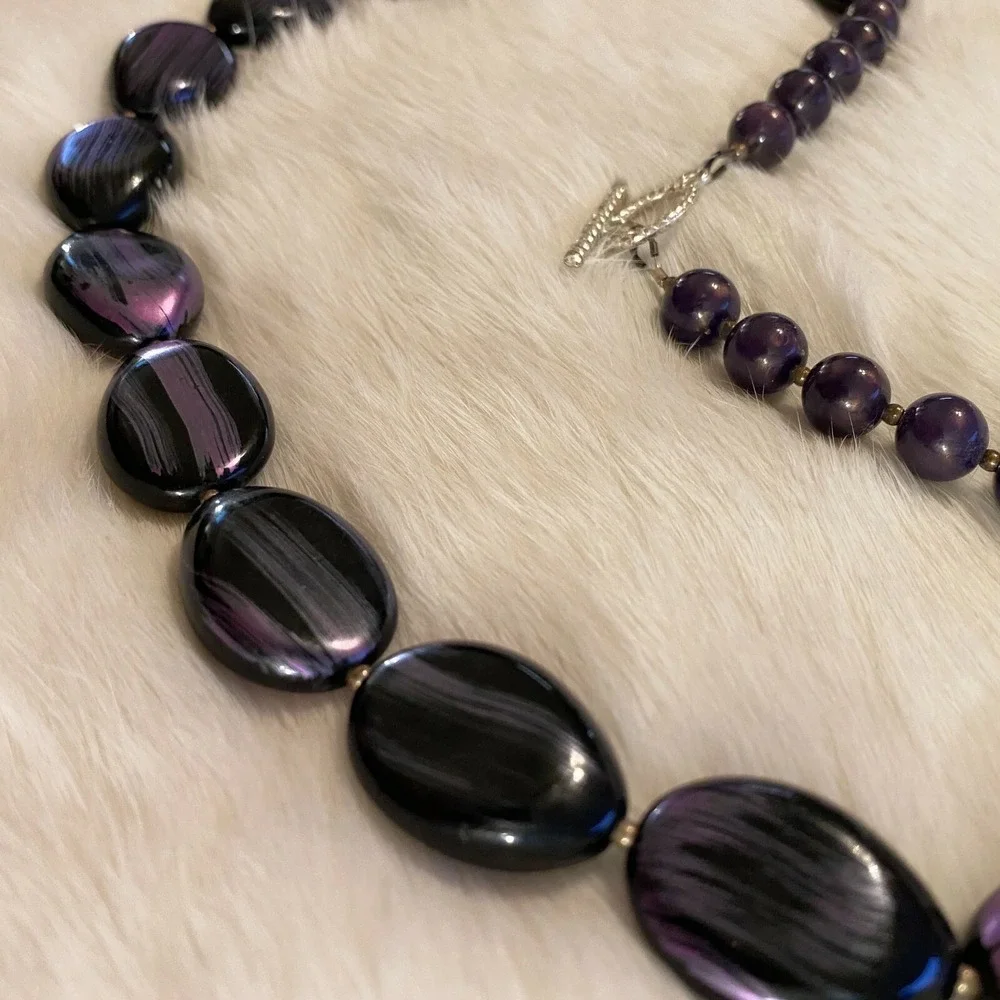 Retro Metallic Purple Necklace Painted Black Beads Y2K Disco Fairy Boho 4785